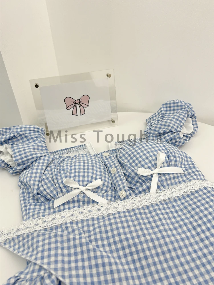 Summer Plaid French Vintage Dress Women Evening Fairy Bow Party One Piece Dress Female Korean Fashion Casual Sweet Dress 2024