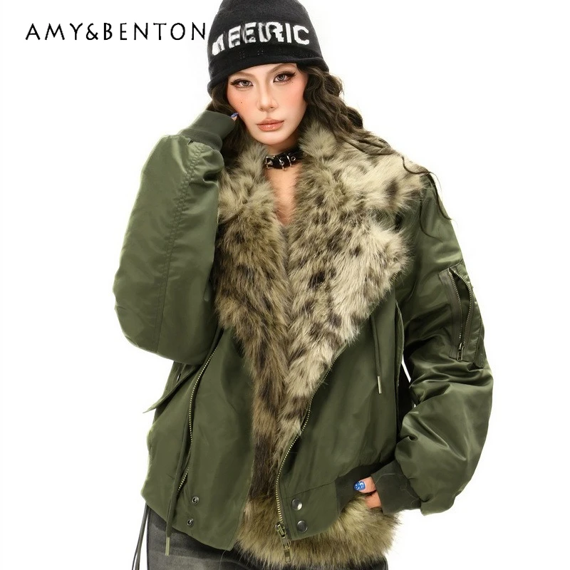 

American Retro Leopard Print Fur Collar Cotton Jackets 2025 Winter New Fashion Sweet Cool Warm Plush Short Quilted Coats Unisex