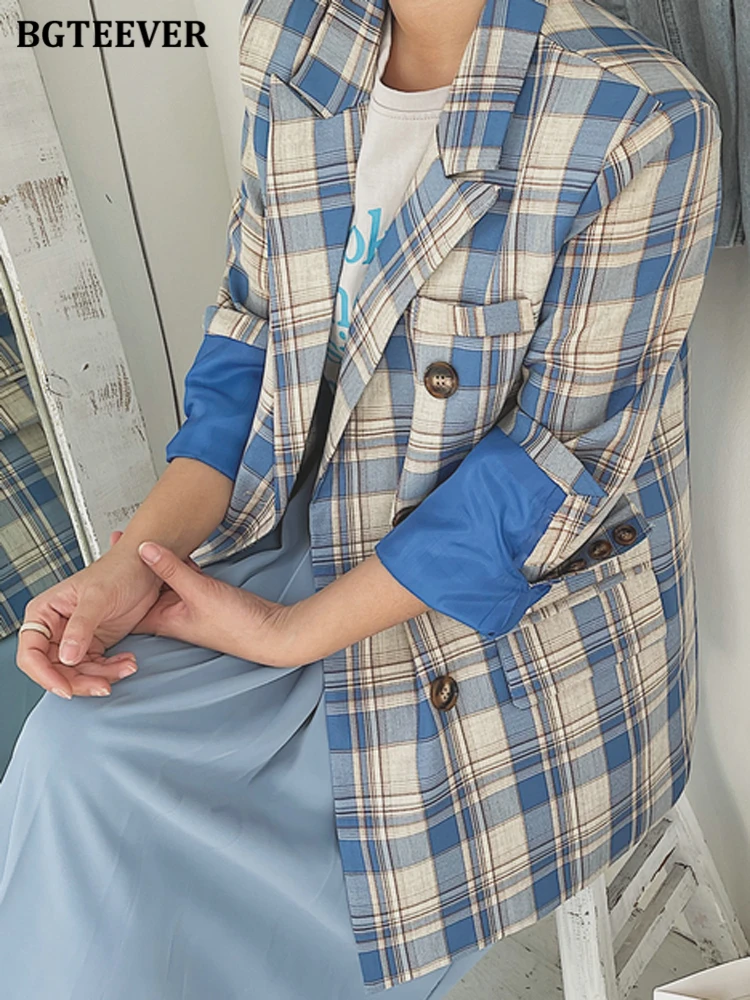 

BGTEEVER Casual Double Breasted Notched Collar Ladies Plaid Blazer Spring Vintage Long Sleeve Loose Female Suit Jackets