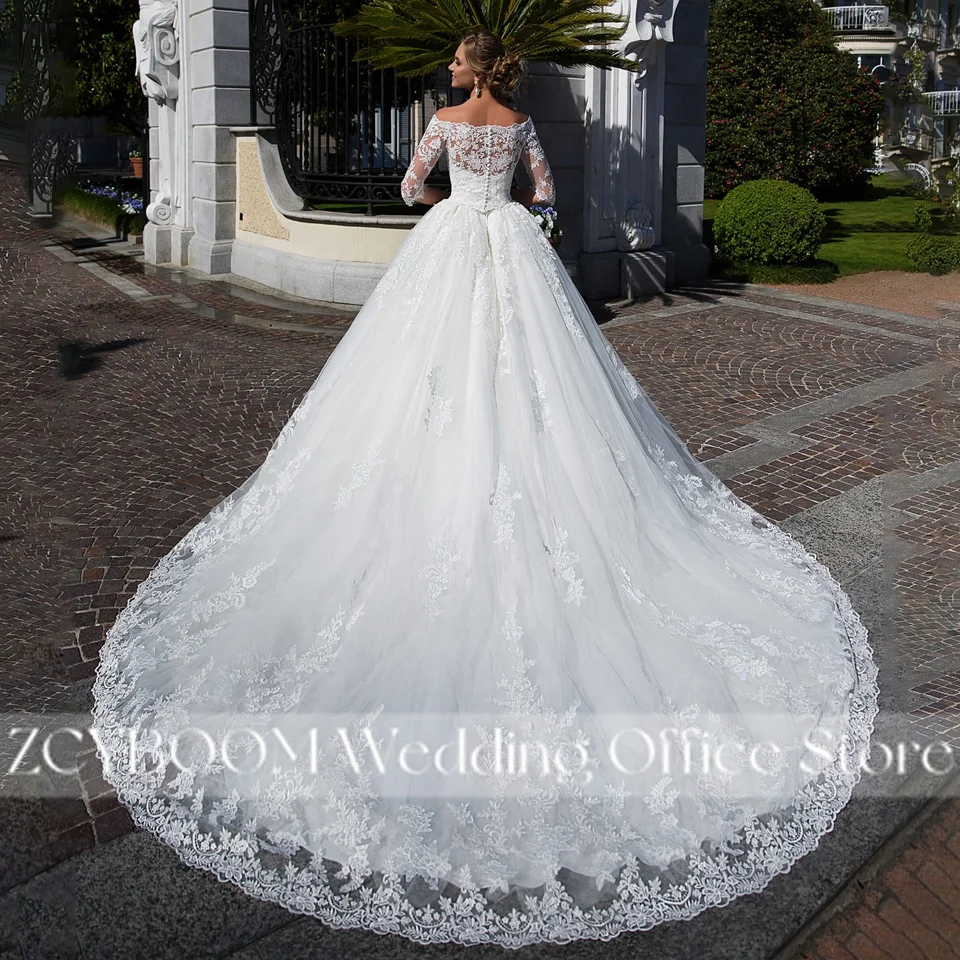 Elegant Boat Neck 2 Pieces Ball Gown Wedding Dresses 2026 Half Sleeves Lace Appliques Beaded Women Bridal Gowns Vestido De Noiva