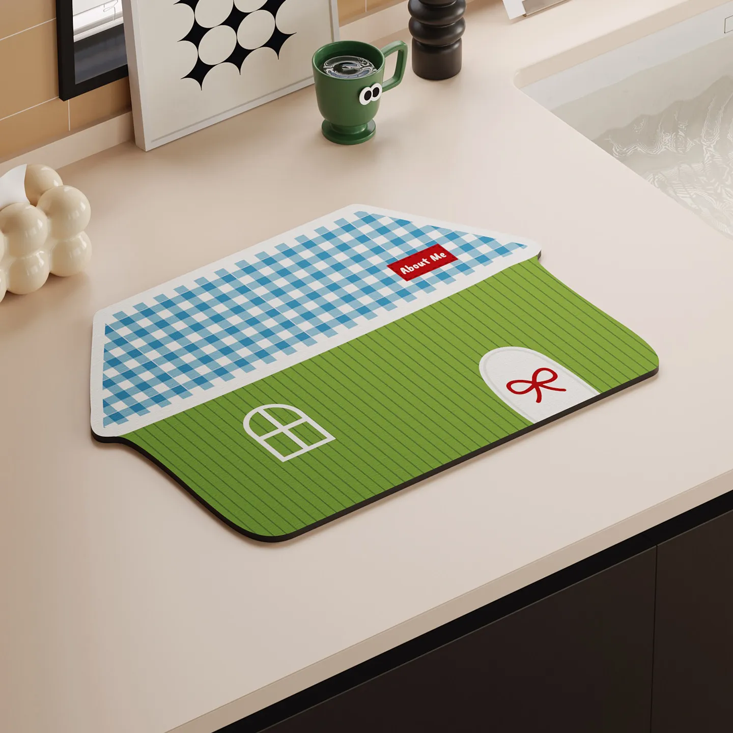 Cute House Shaped Kitchen Drying Mat Water Absorbent Countertop Drain Pad Non Slip Washable Table Mat for Bowl Dish Tableware