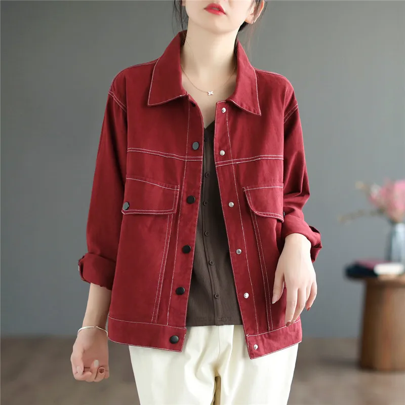 

Women Casual Short Jacket 2023 Spring Autumn New Fashion Vintage Solid Color Lapel Pocket Coat Loose Female Outerwear Tops H2704