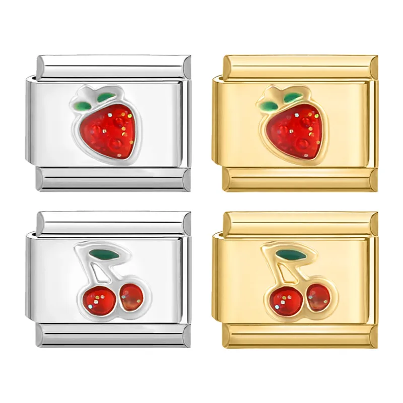 سوار سحر إيطالي بروابط على شكل فراولة وكرز أحمر من الفولاذ المقاوم للصدأ، سوار مرن هدايا مجوهرات يدوية الصنع للرجال والنساء - 3
