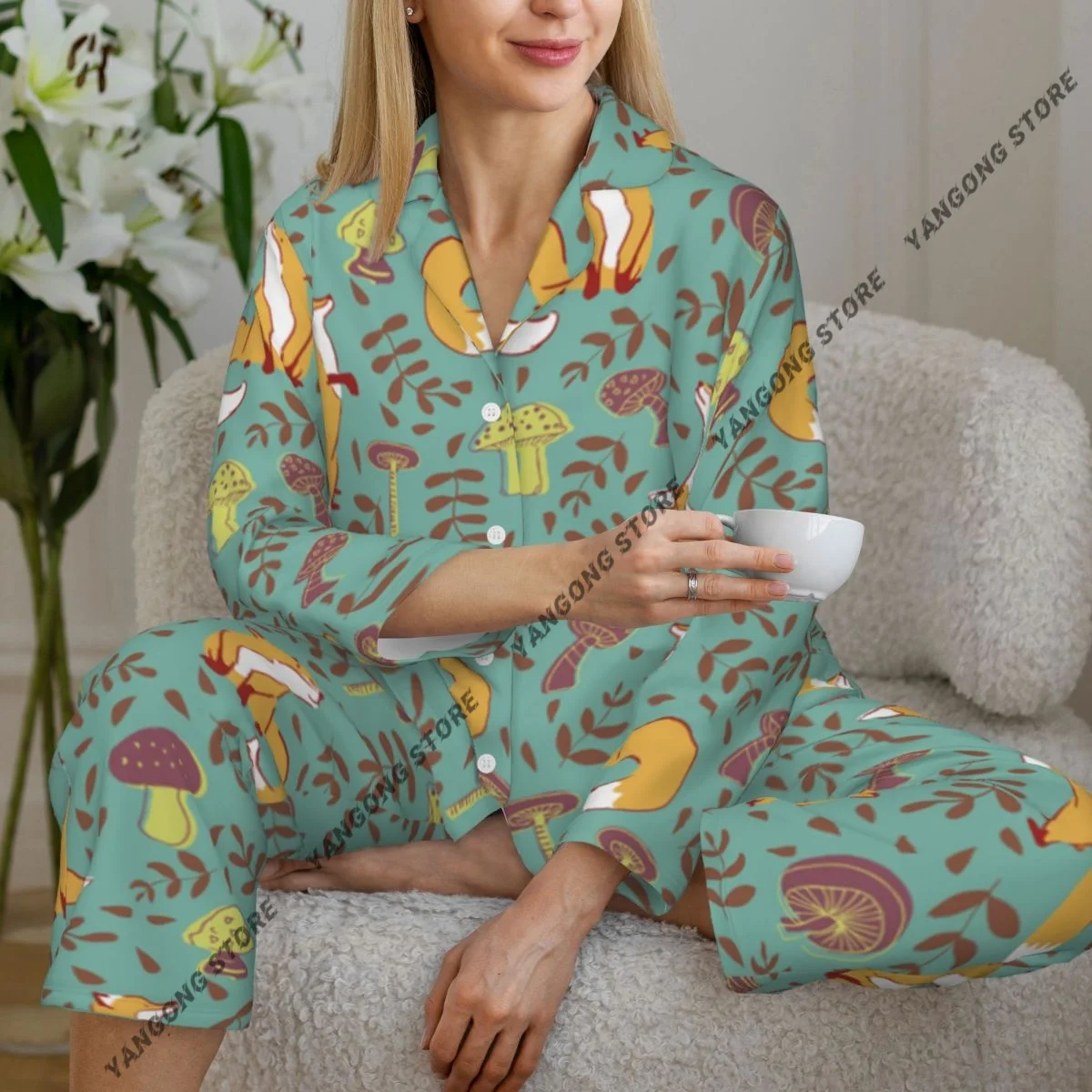 Spring and Autumn Pajama Set Women's Long Sleeve Pants Two Piece Cute Fox Mushroom Leave Pattern Home Furnishing Set