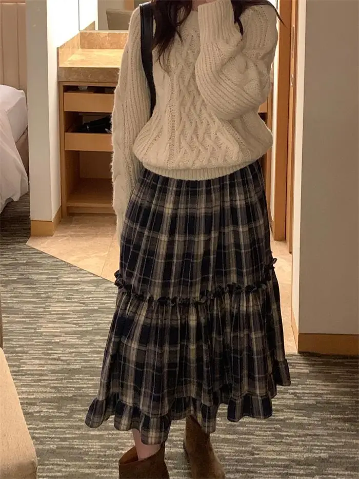 

High Waist Midi Skirt Autumn Winter Plaid Floing Design Lace Hemline Commute Sle Women's Premium Faion Skirts