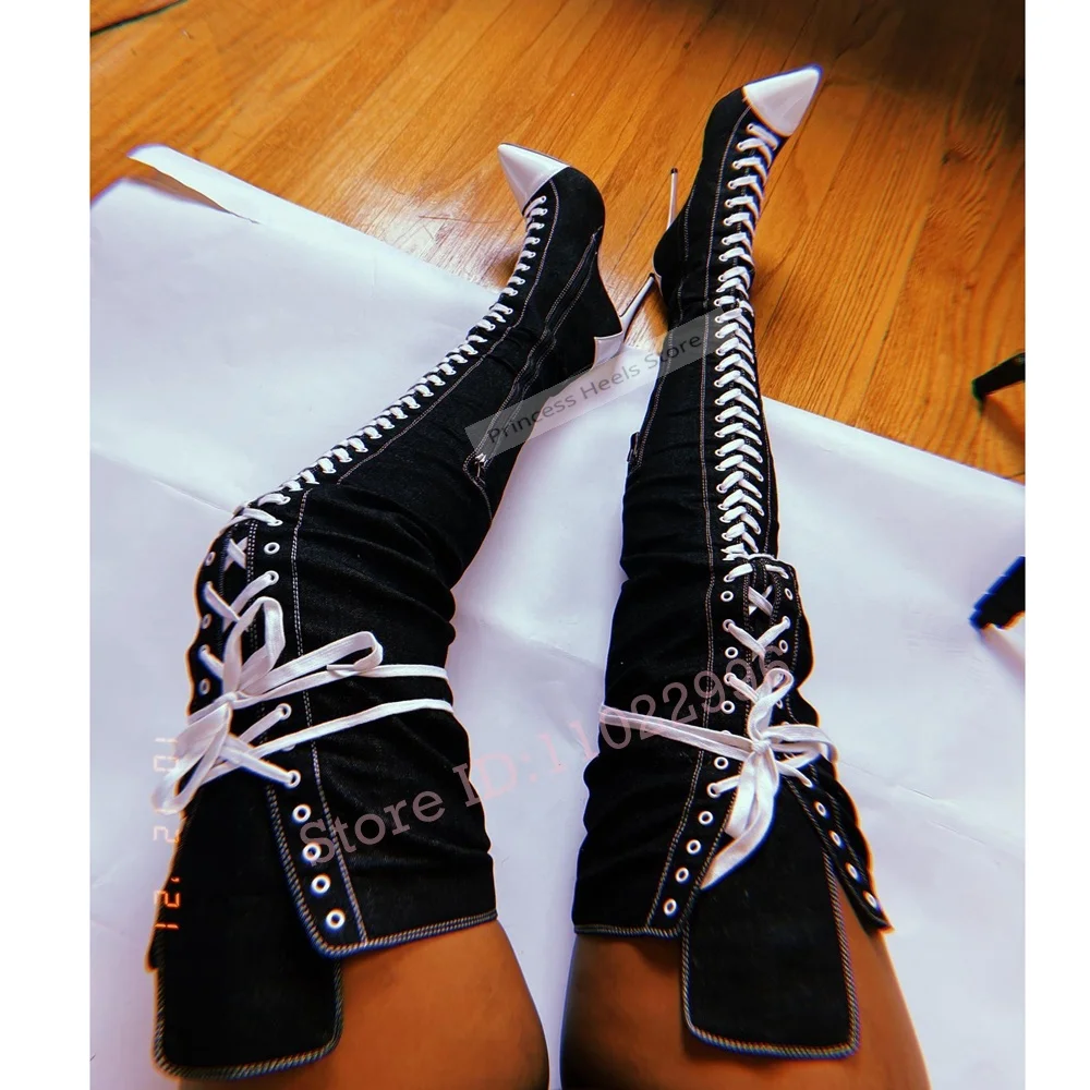 

Джинсовые ботинки с перекрестными ремешками, ботинки с острым носком на шнуровке, тонкие высокие сапоги до бедра, разноцветные женские летние туфли, дизайнерская вечеринка, новинка