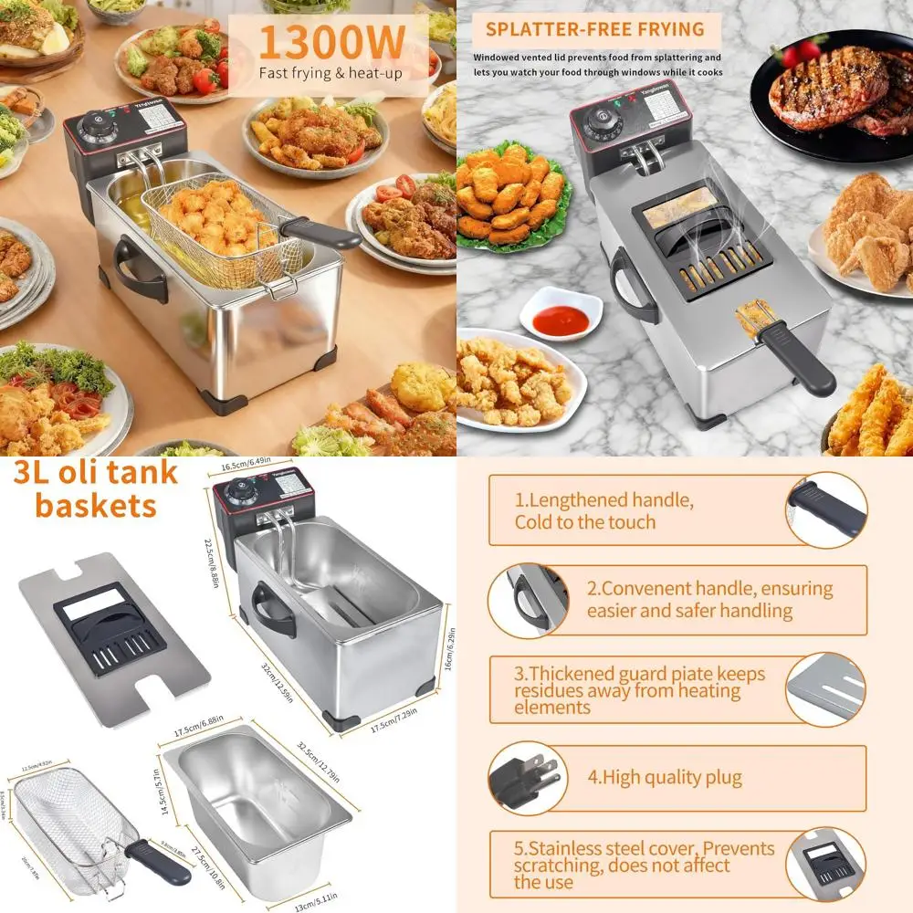 

1300W Stainless Steel Home Deep Fryer with Basket, Temperature Control, and View Lid