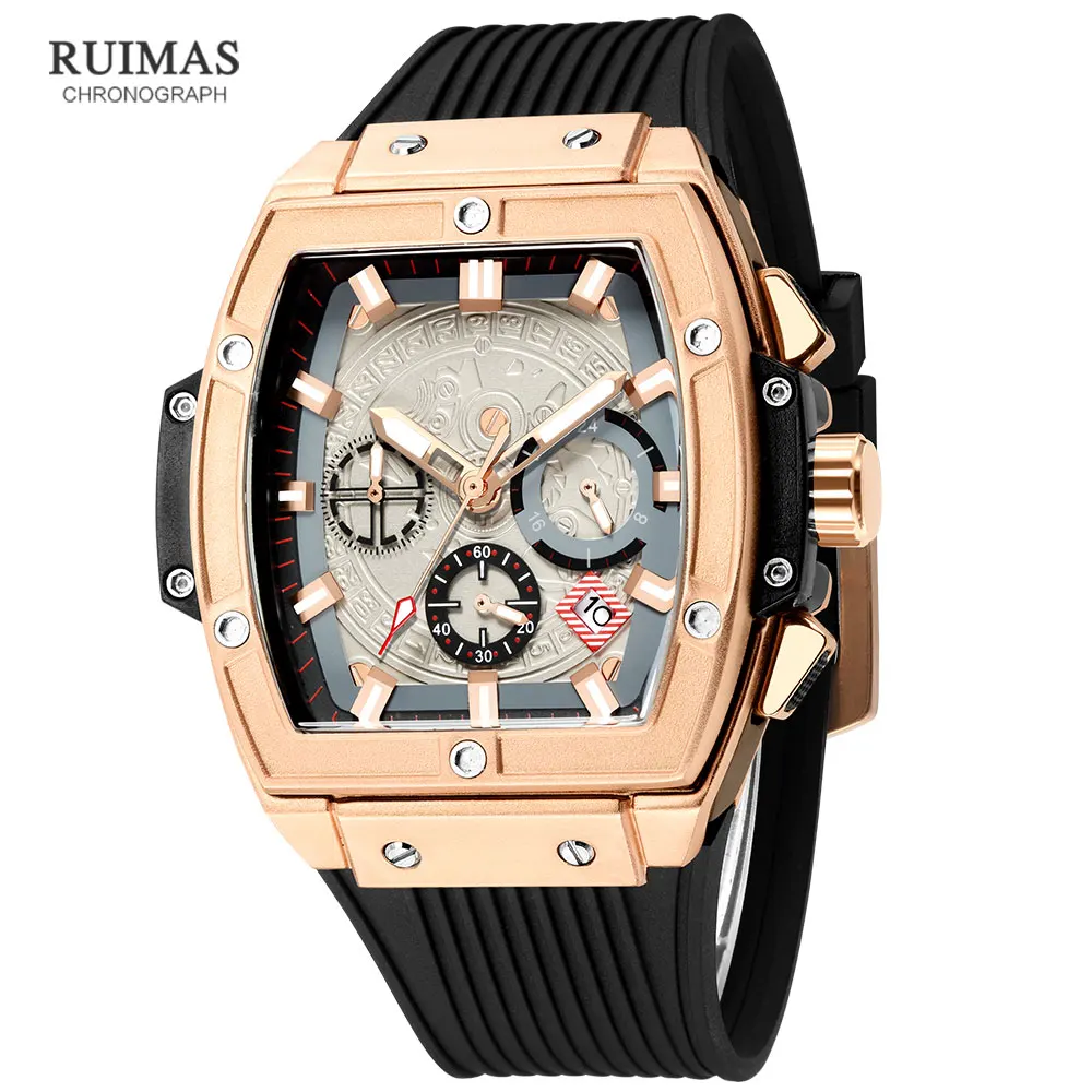 RUIMAS Tonneau Dial Chronograph Quartz Watches for Men Fashion Sport Waterproof Wristwatch with Silicone Strap Date 24-hour 333