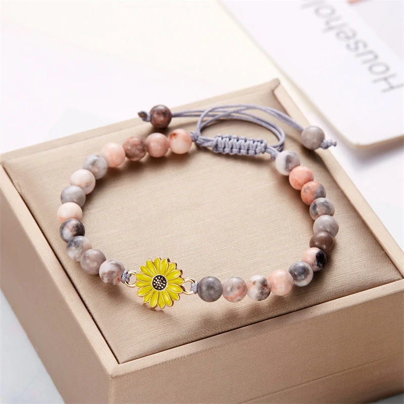 Vintage böhmisches gelbes Sonnenblumen-Armband für Frauen, Naturstein, Perlen, geflochtenes Seil, verstellbarer Freundschaftsschmuck, Bestie-Geschenk – Detail 3