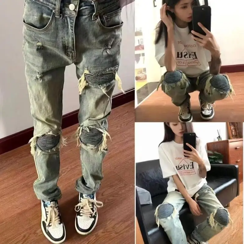 Autumn New Scratched Patch High Street Ripped Jeans Men and Women Washed Designer Slim Trendy Brand Versatile Student Long Pants