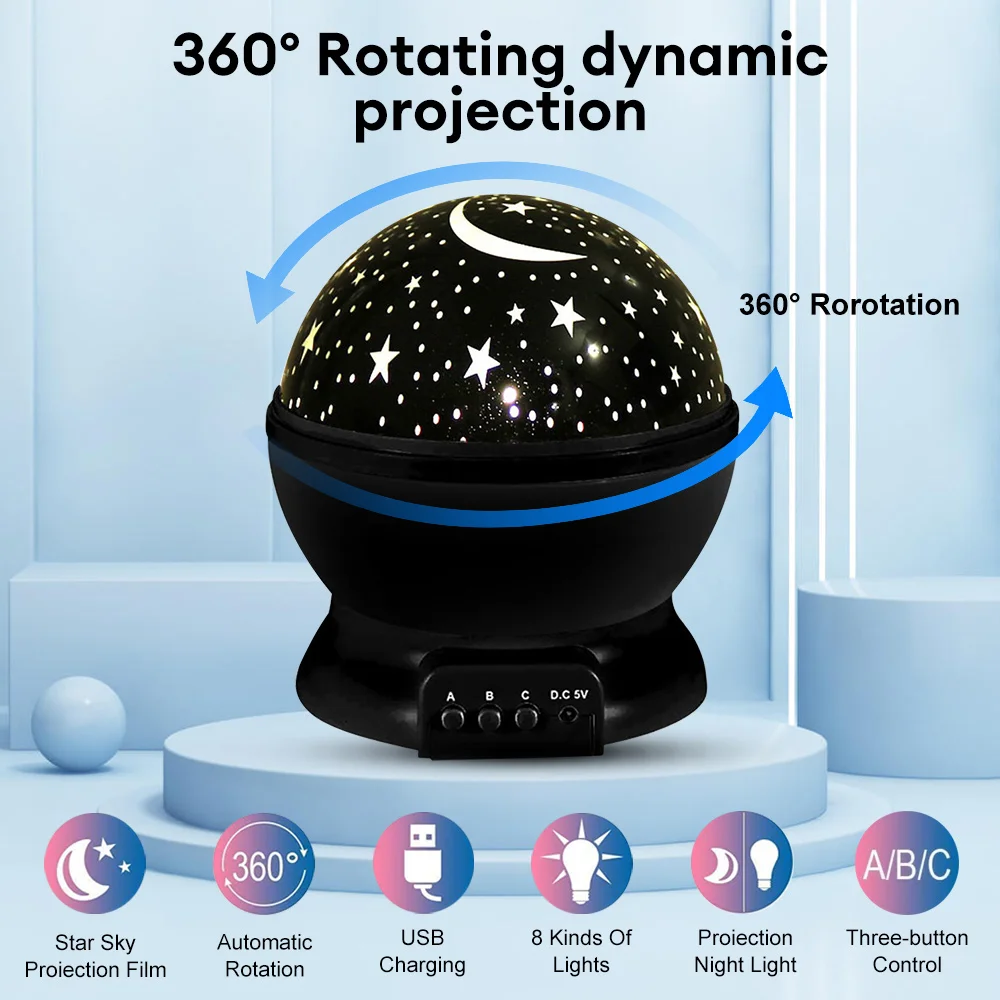 Star Moon Projector Night Light Starry Sky Projection Lamp Rotating Atmosphere Light Baby Sleeping Light USB Battery Powered