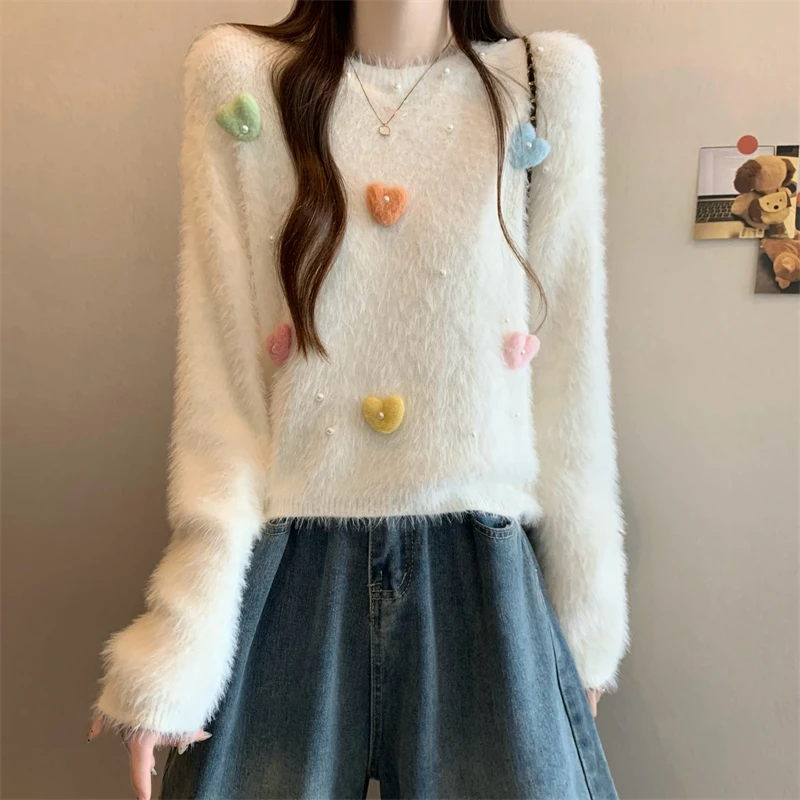 الكورية Sle ort محبوك سترة القلب القرد المنك المخملية الخريف الشتاء جديد Faion الدفء مباشرة محبوك اللون