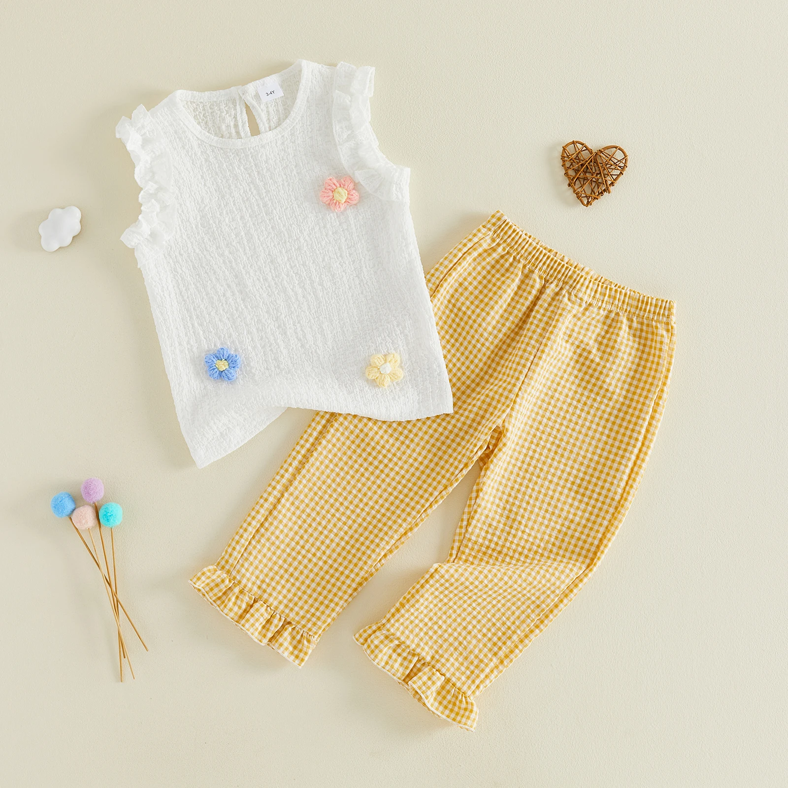 Girls Summer Two Piece Pants Set 3D Floral Sleeveless Crew Neck Tank Tops and Elastic Waist Plaid Trousers