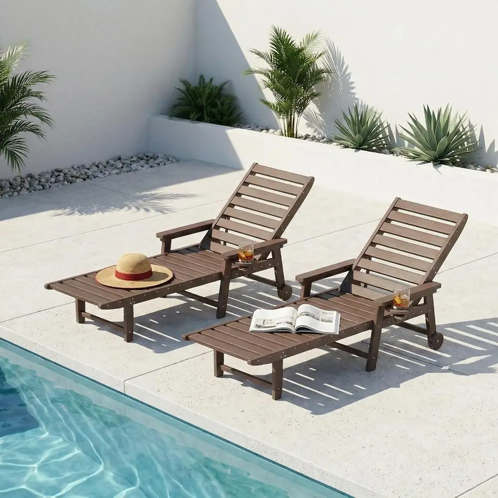 

2-Piece Outdoor Adjustable Lounge Chair Set with HDPE, Cup Holder, Wheels, Ideal for Poolside, Beach, Deck, Brown