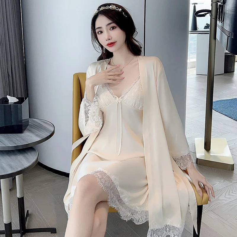 Women Twinset Robe Gown Set Sexy Lace Nightgown Kimono Bathrobe Nightdress Casual Satin Sleepwear Home Wear Clothing