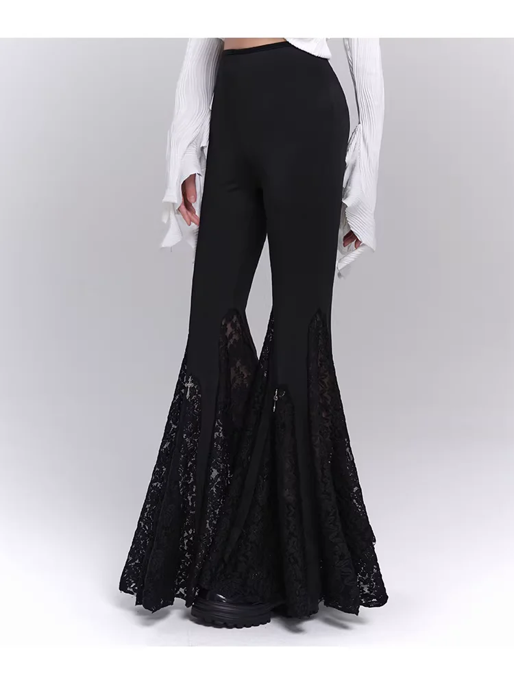 New Dark Gothic Girl Black High Waist Subculture Personality Flared Pants Fashion Versatility Retro Street Sexy Lace Trousers