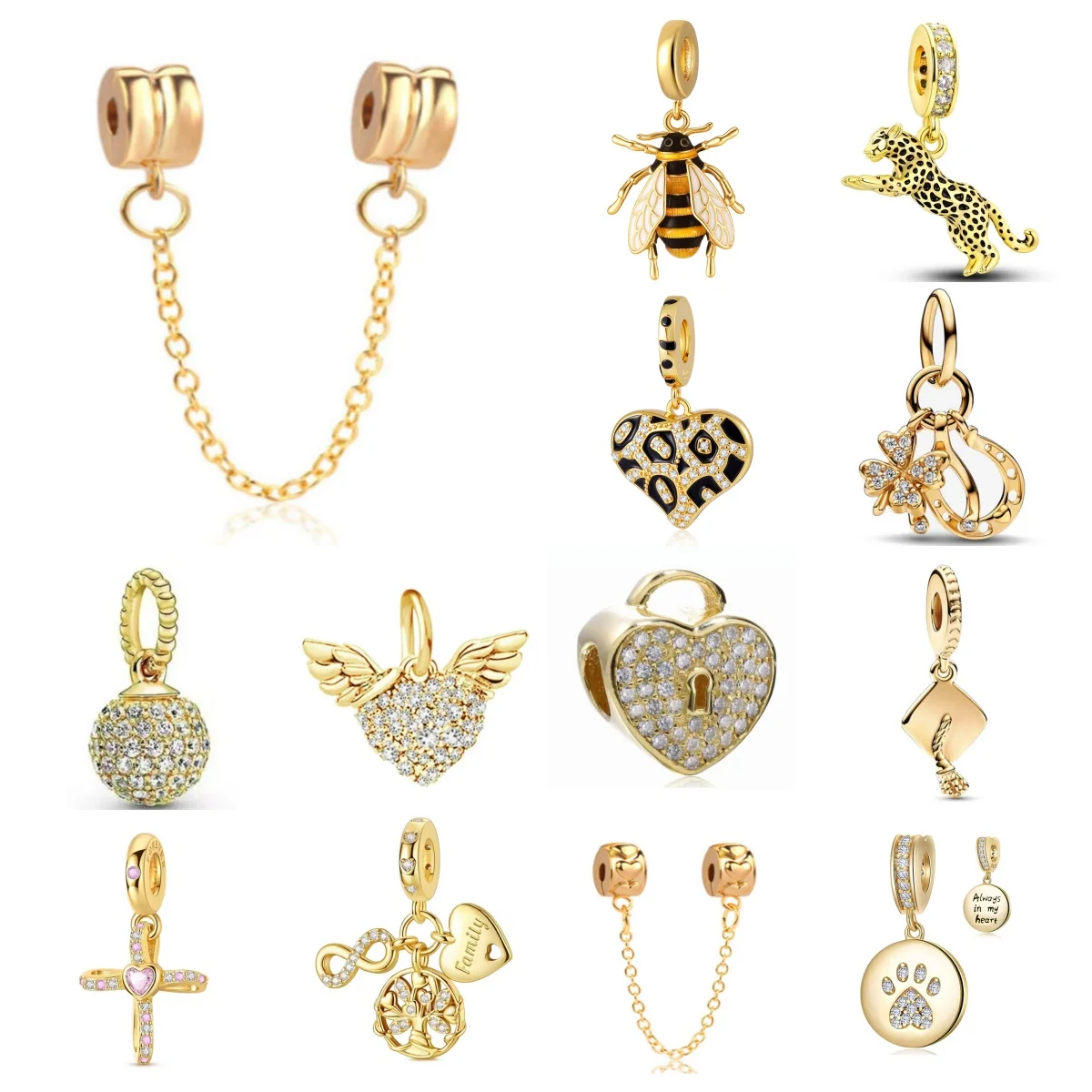 Gold 925 Silver Pendant, Cheetah, Bee, High Heels, Charm Safety Chain Fit Bracelet DIY Jewelry Accessories, Perfect Gift for Her