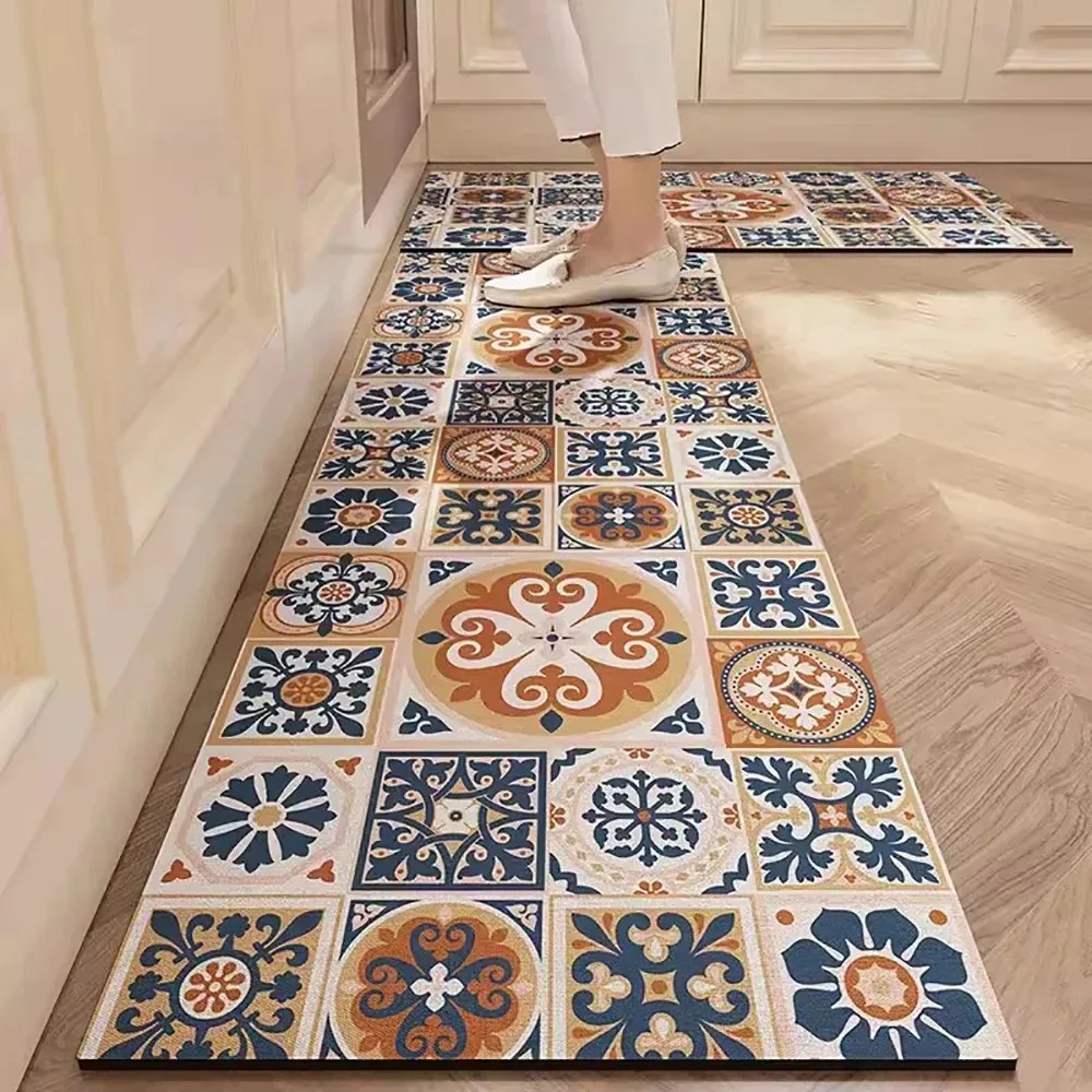 

Kitchen Carpet American Retro Style Rug Anti-slip Oil-proof Floor Mat Waterproof Pvc Leather Foot Mats Long Strip Free Cutting