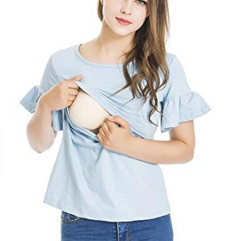 Pregnant womenRuffle Ruched Short Sleeve T Shirt Women Solid Color Tops Summer Casual Nursing Short-sleeved Top