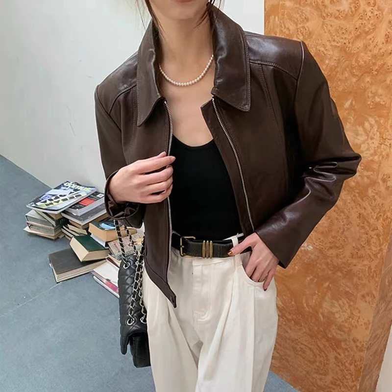 2026 New High Quality Sheepskin Jackets Fashion Zipper Moto & Biker Short Coats Women Brown/Black Casual Real Leather Jackets