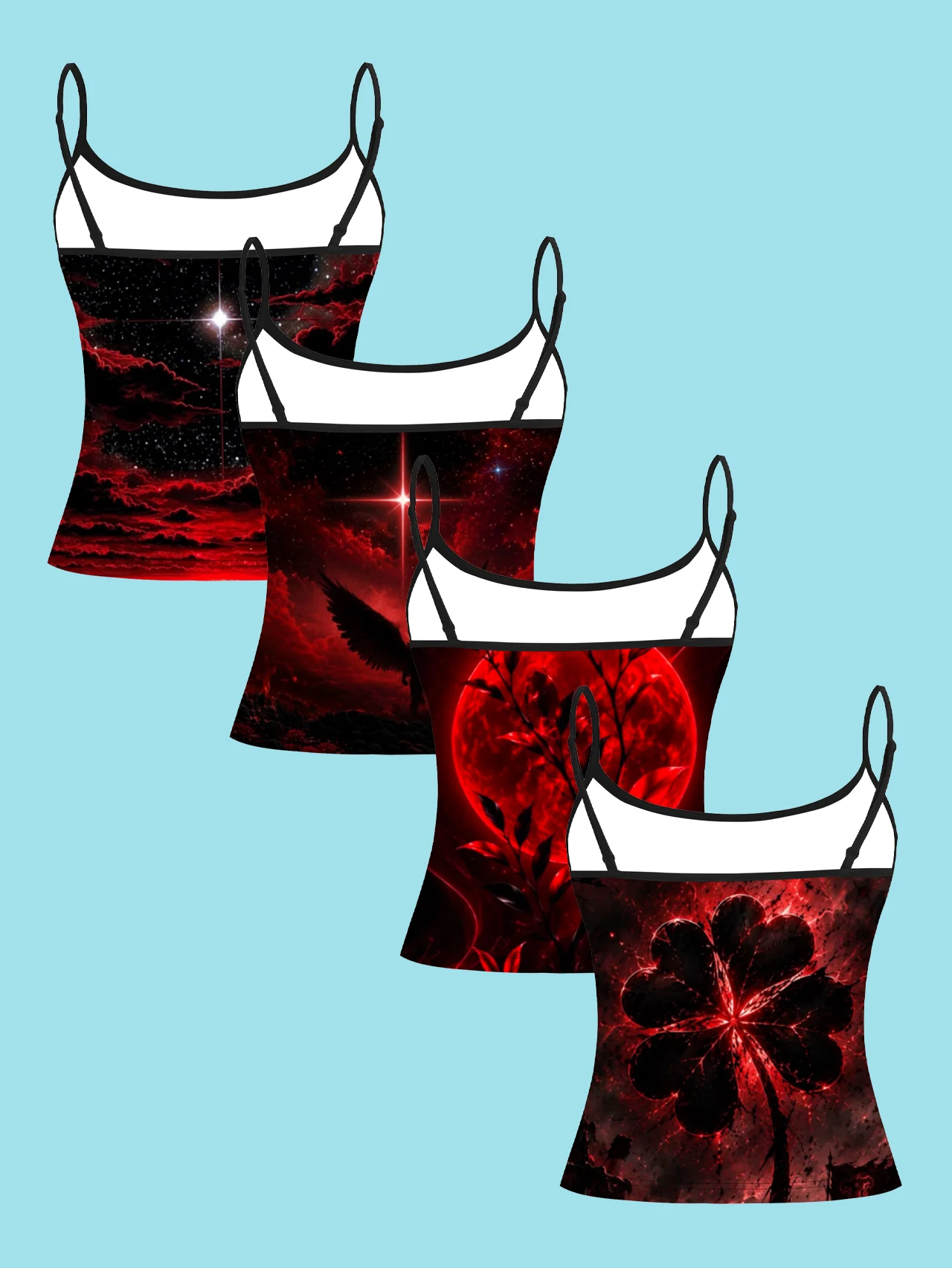 4-Piece Set of Women's Camisoles with Red Dark Night Sky, Red Moon, and Four-Leaf Clover Prints, Vintage Dark Style Spaghetti Strap Slim-Fit Inner Tops