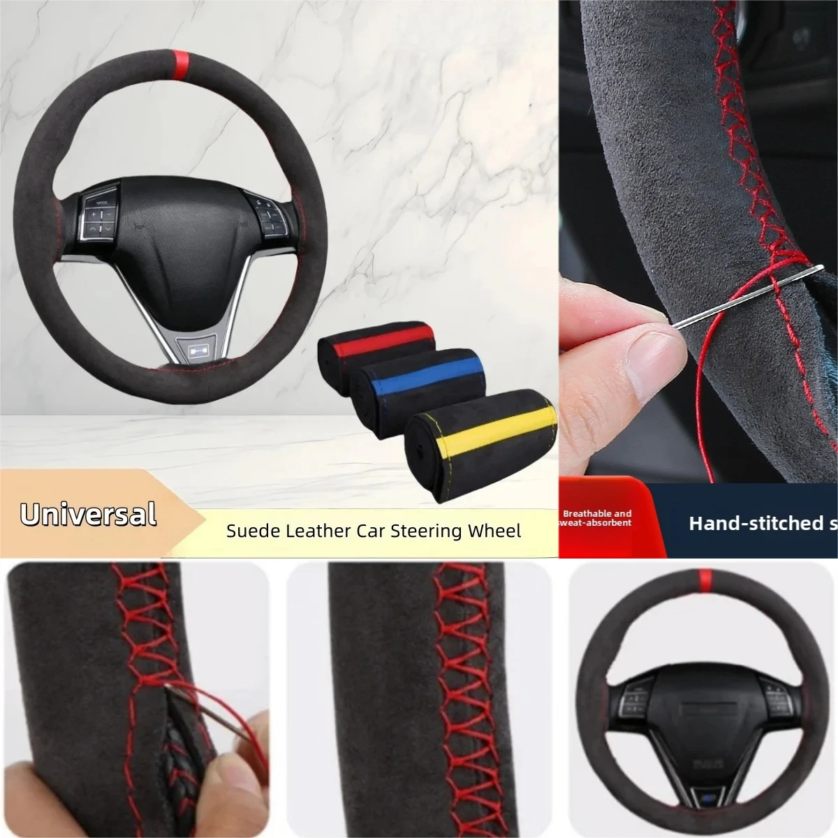 Universal Suede Car Steering Wheel Cover, DIY Hand Sewing, Black Soft Leather Braiding Cover for Auto Steering Wheel