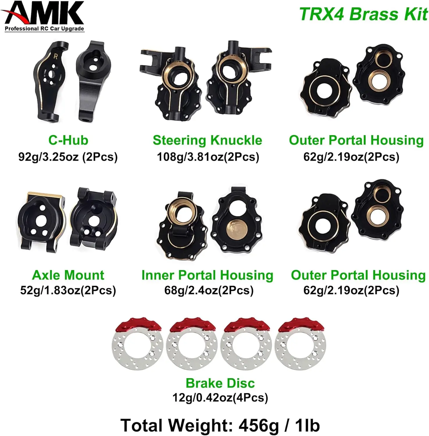AMK TRX4 황동 카운터 웨이트 포털 액슬 하우징 1/10 RC 크롤러 TRX6 TRX-4 Bronco Defender 업그레이드(TRX4용 8 in 1 세트)