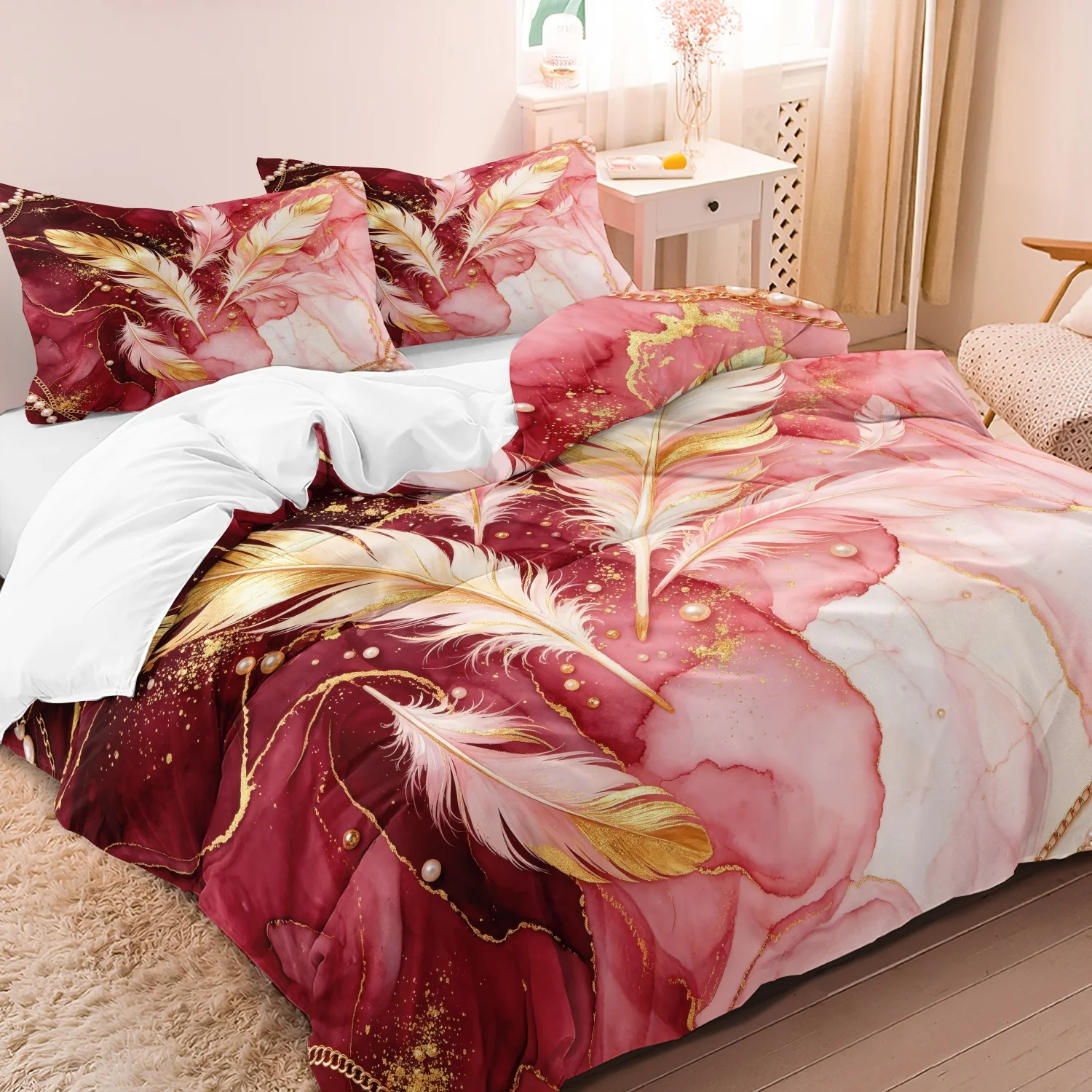 3Pcs Red Pink Marble Gold Feather Print Duvet Cover Set, Gold Foil Pearl Chain Luxury Bedding, Soft Microfiber Home Decoration