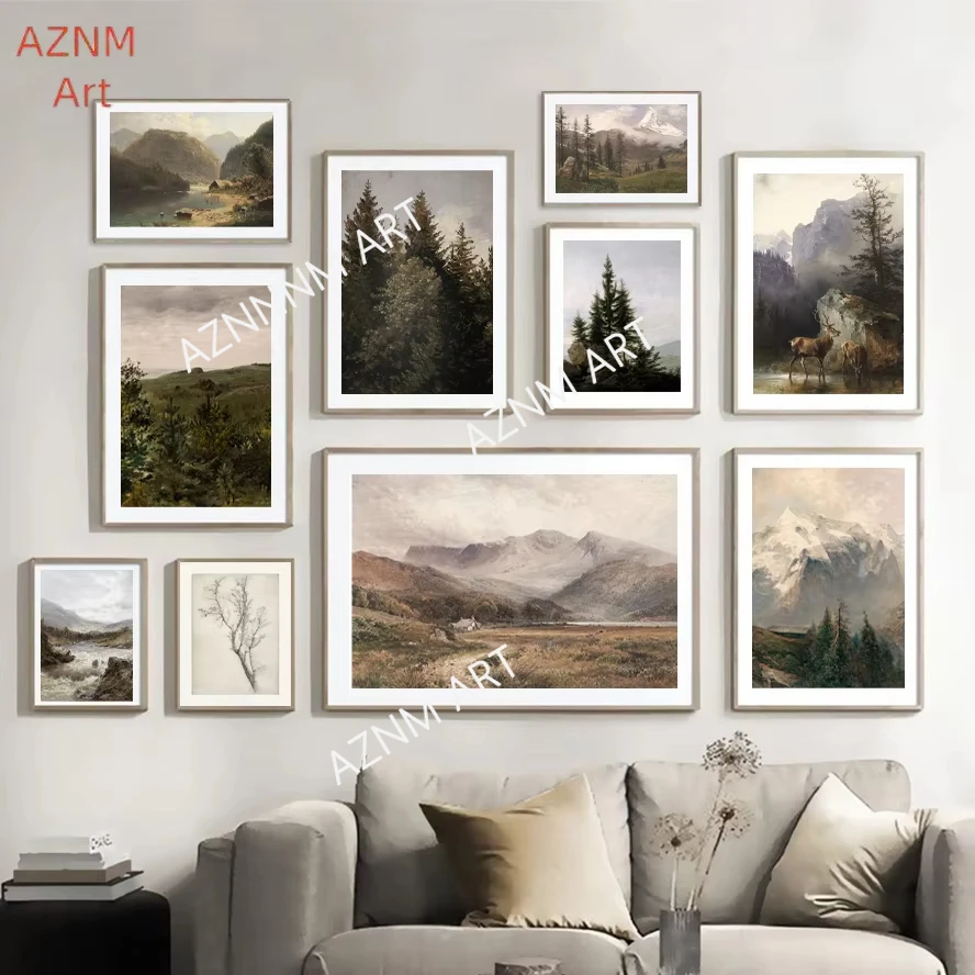 1 Stück, Rustikale Berg-Galerie Wandkunst Drucke Vintage Waldlandschaft Ölgemälde Leinwand Poster Naturkunst Bilder Landhausstil