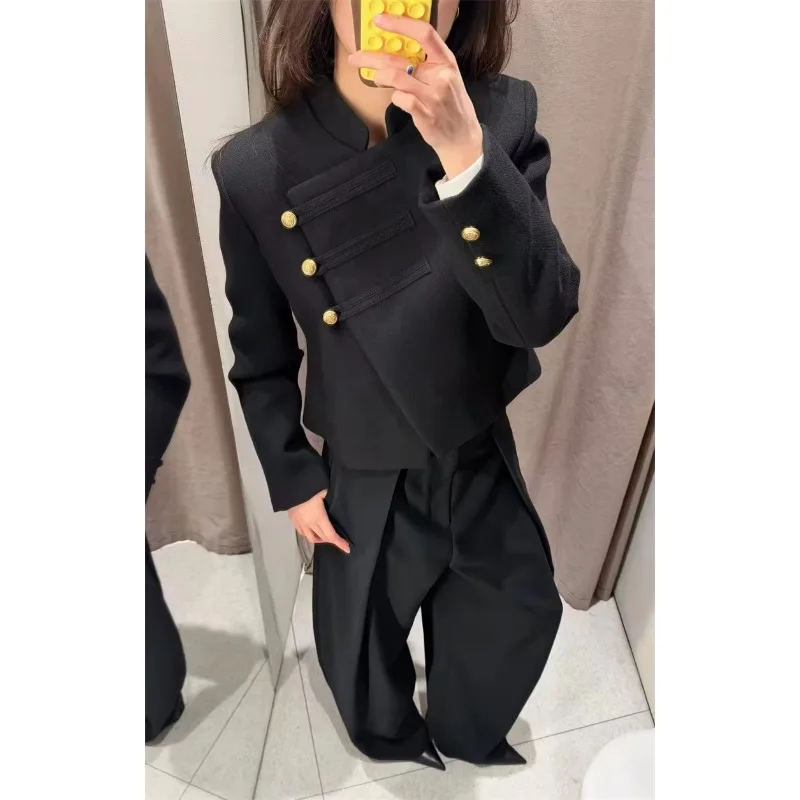 Guobioziy Women's Jacket  New Fall Winter Black Long Sleeve Knot Buttons Napoleon Knight Blazer Minimalist Unique