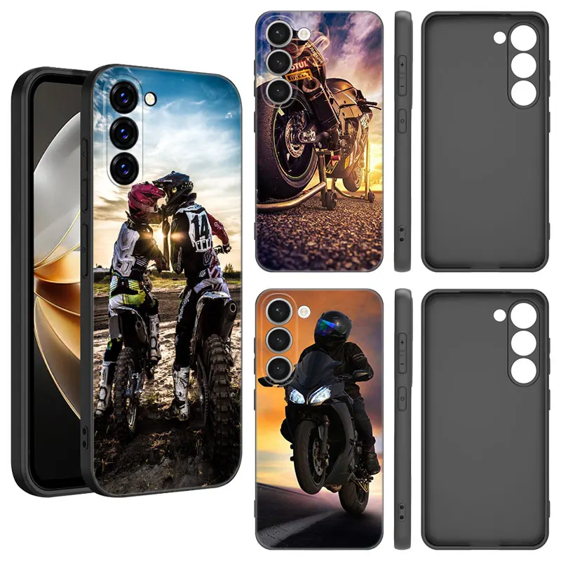 Moto Cross Motorcycle Sports Black Silicone Phone Case For Samsung Galaxy S23 S21 S20 FE S24 S22 Ultra S10E S10 S9 S8 Plus