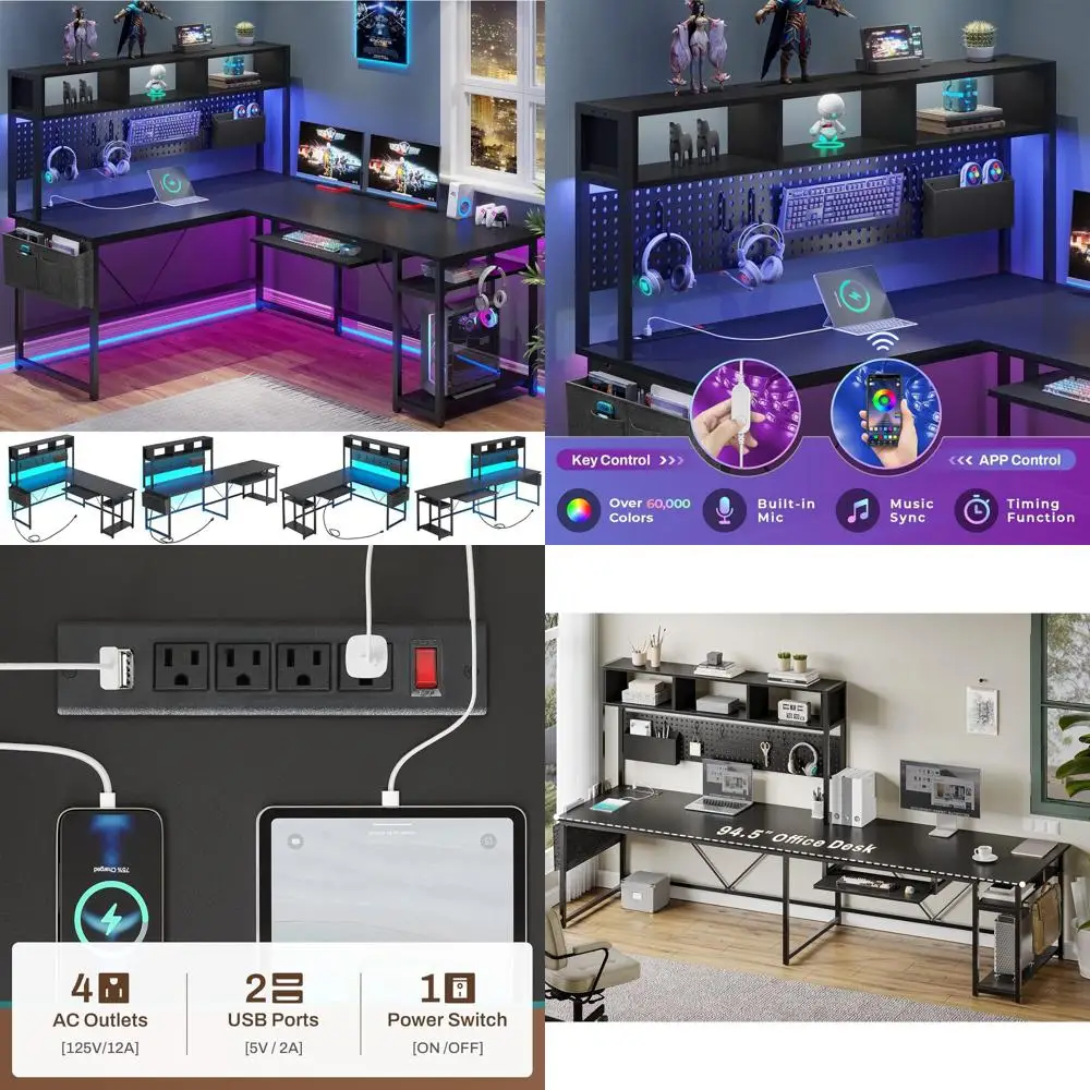 

Black L-Shaped Gaming Desk with LED Lights, Power Outlet, and Storage Solutions