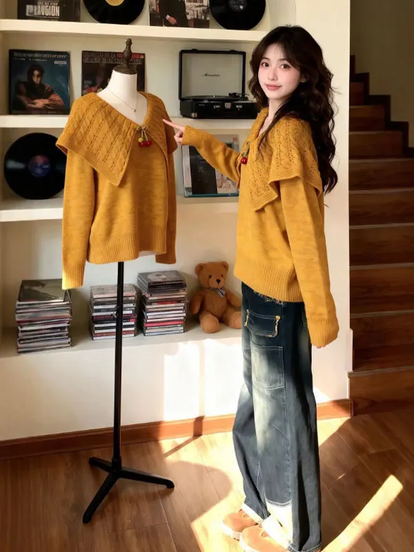 

Retro Sli Knitted Sweater Large Collar Loose Beautiful Unique Winter Faion Women's Casual Wear V-ne Long Sve Top