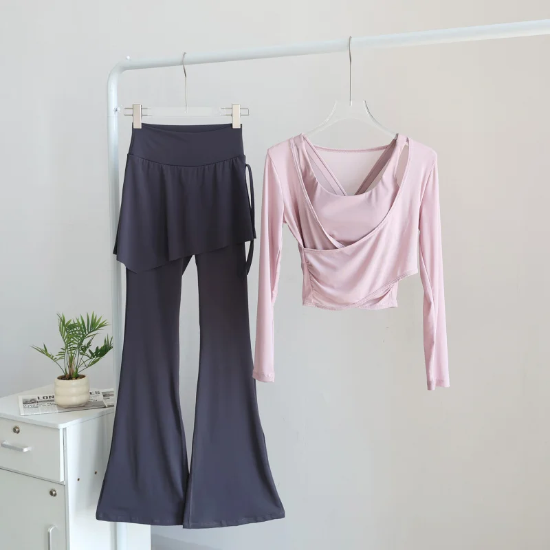 

High Waist Yoga Pants Women'S Long-Sleeved Blouse Pilates Skinny Slimming Sports Pants Three-Piece Set
