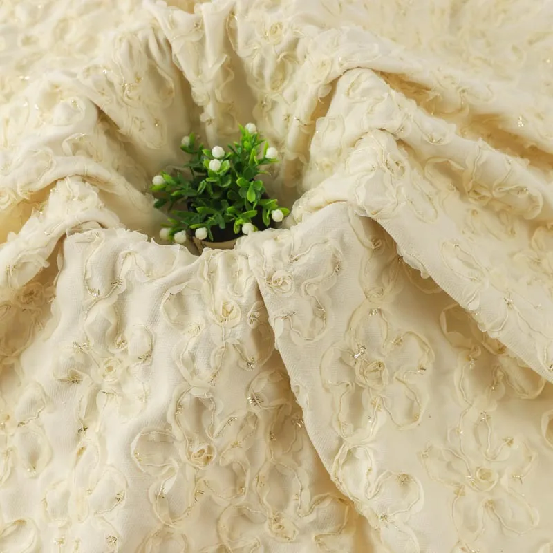 

Beige vintage 3D gold thread floral embroidered lace fabric for women's and children's designer clothing