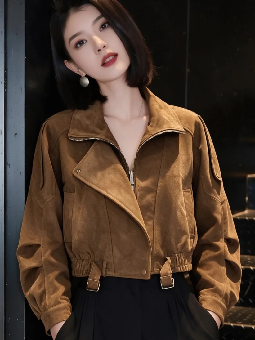 Retro Biker Short Jacket Women's Zipper Collar Cool Autumn 2026 New Small Size Trendy Polyester Fiber Long Sleeve Coat