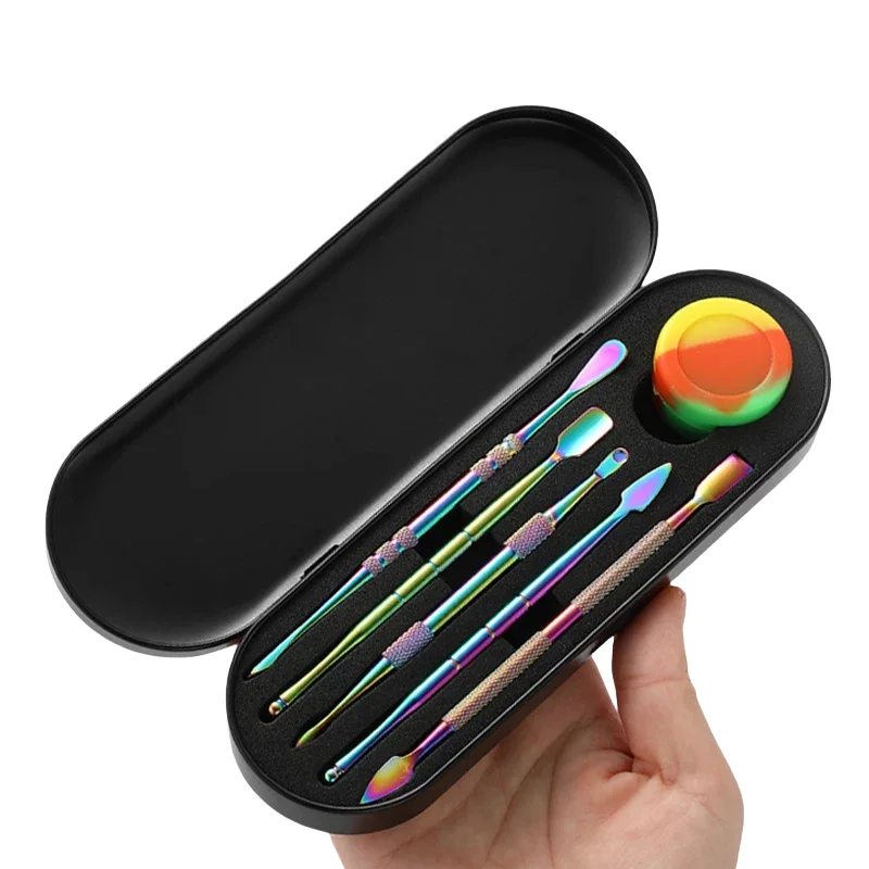 HAPPY Oil Wax Spoon Carving Tools Set Rainbow/Sliver Stainless Steel Tools Double-Headed With Silicone Wax Container
