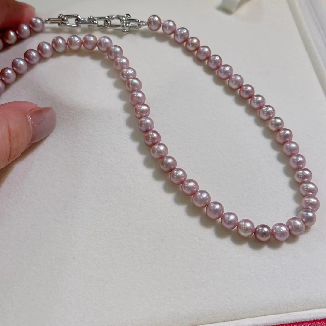 

Exquisite 925s pure silver horseshoe buckle necklace AAAA5-6mm natural South Sea purple pearl necklace 16 inch