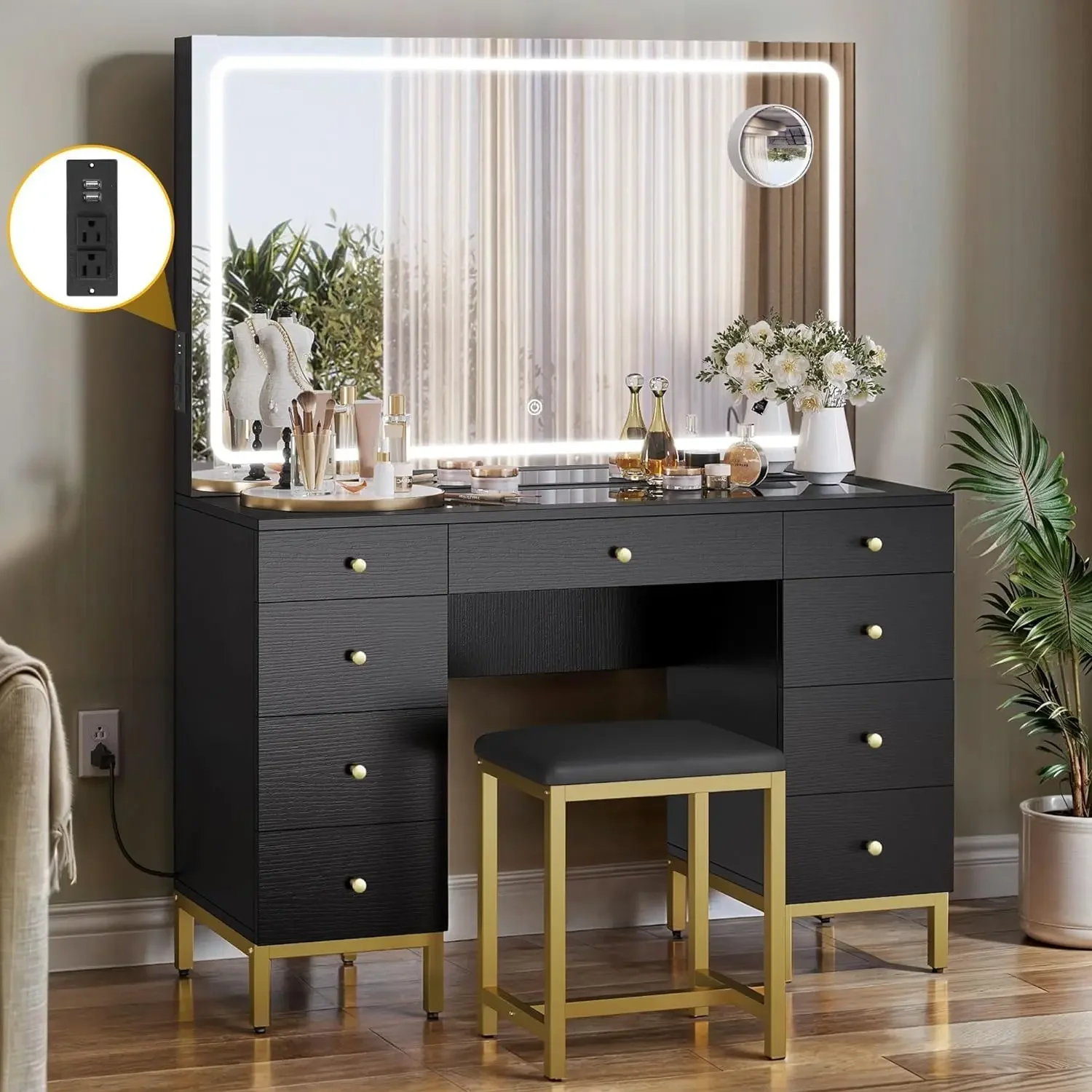 Large Black Makeup Vanity Desk Set with LED Mirror & Charger Station, Glass Top Vanity and Adjustable 3 Color Lighting Modes