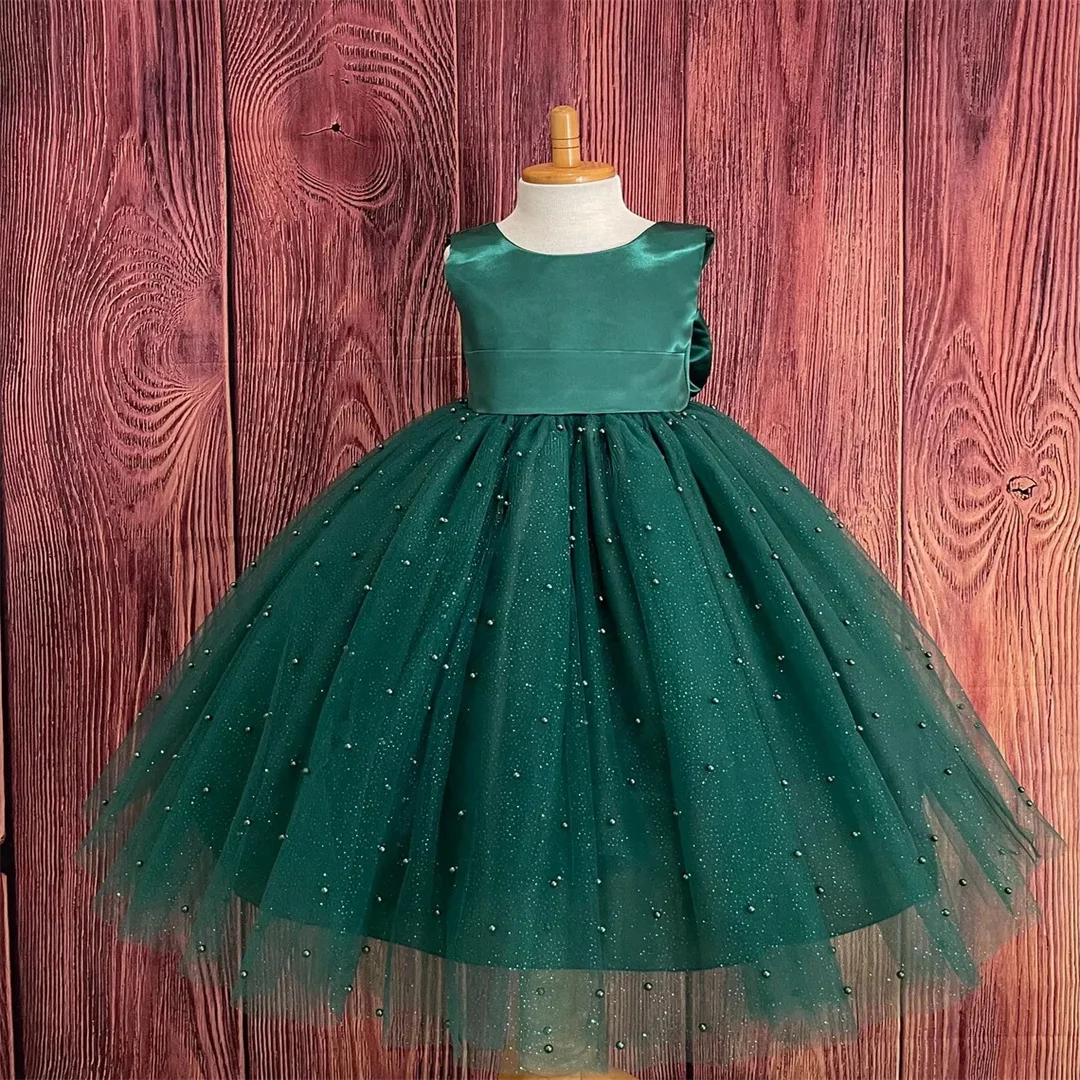 Aangepaste glanzende smaragdgroene bloemenmeisjesjurken verjaardag enkellange bruiloft feestjurk mouwloze strik optocht heilig