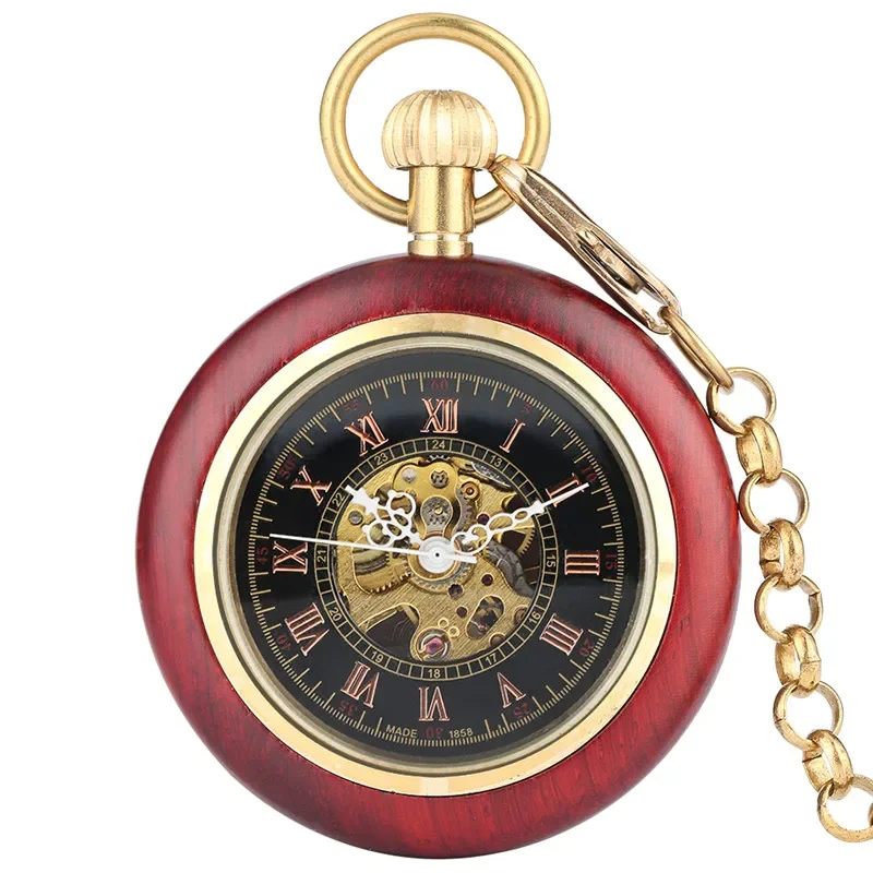 Antique Red Sandalwood Pocket Watch Open Face Automatic Mechanical Watches Roman Number Dial Pendant Chain Clock for Men Women