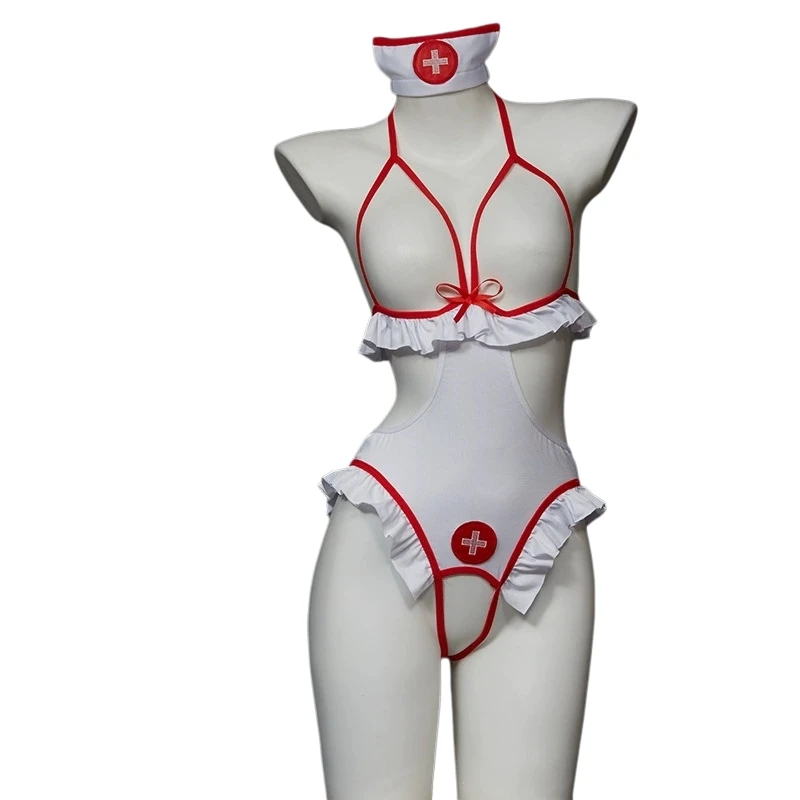 

Women Sexy Nurse Uniforms Backless Crotchless Adult Exotic Role Play Lingerie Set Plus Size Halloween Costumes