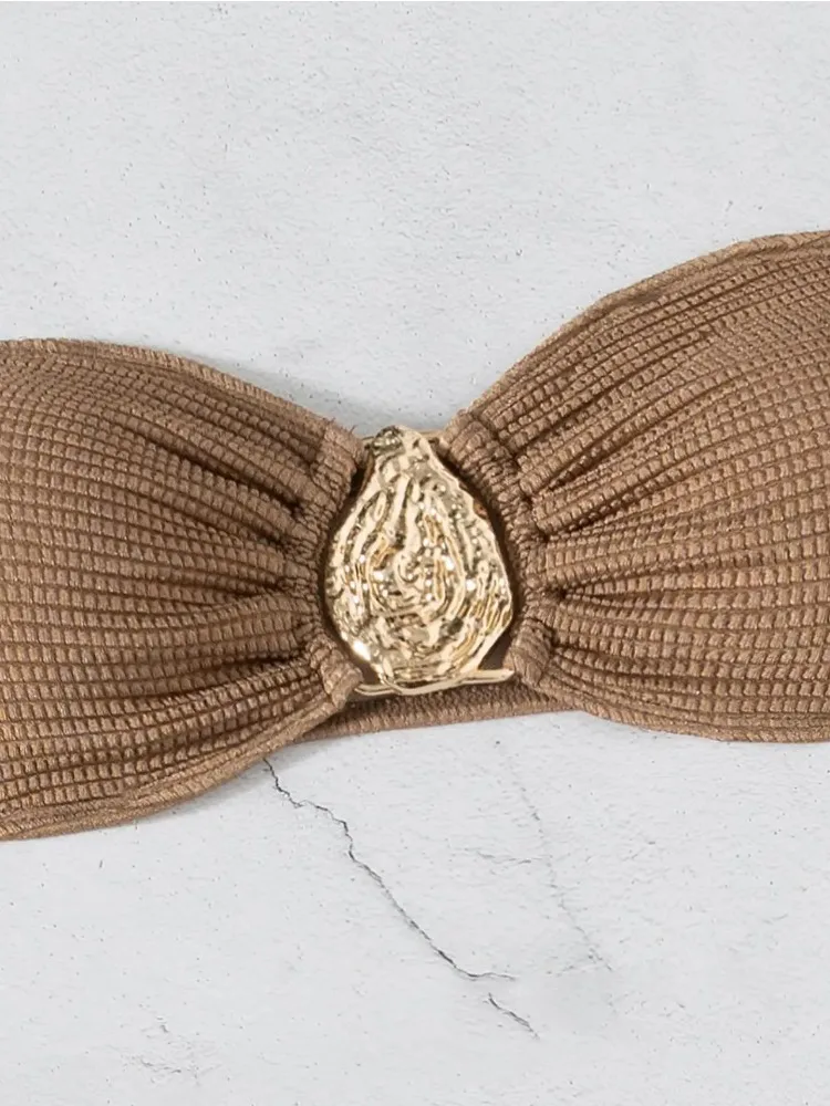 Damski 3-częściowy zestaw bikini, seksowny bandeau push-up, spódniczka z siateczki, kawa, metalowe ozdoby w kształcie kropli, strój kąpielowy plażowy, nowy tankini 2025