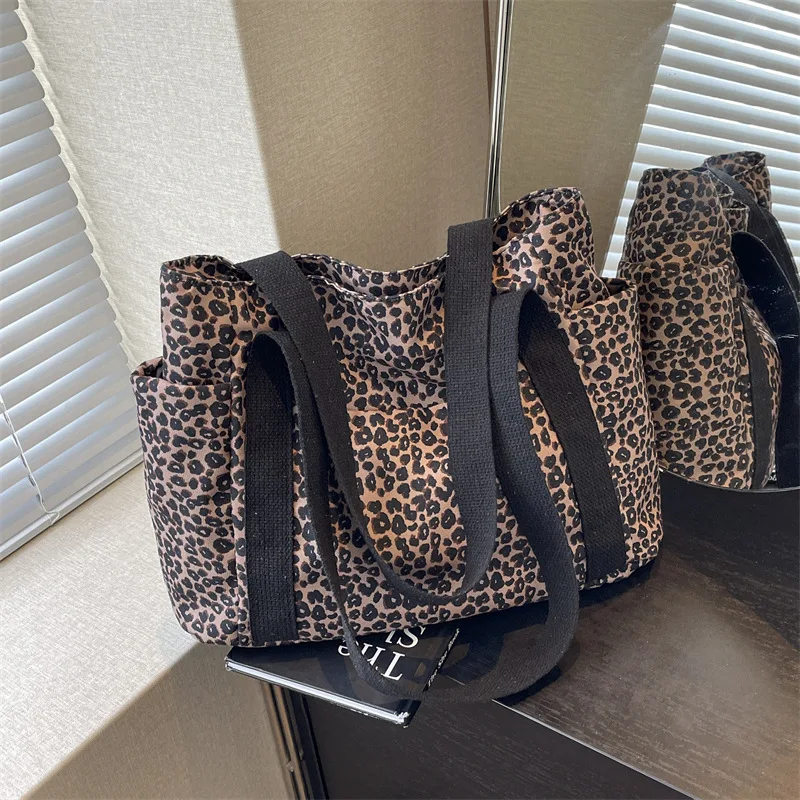 Leopard Canvas Bag Large Capacity Fashion Tote Bags Casual Women\'s Shoulder Handbag College Commuter Beach Travel Bag Bolsa 2024