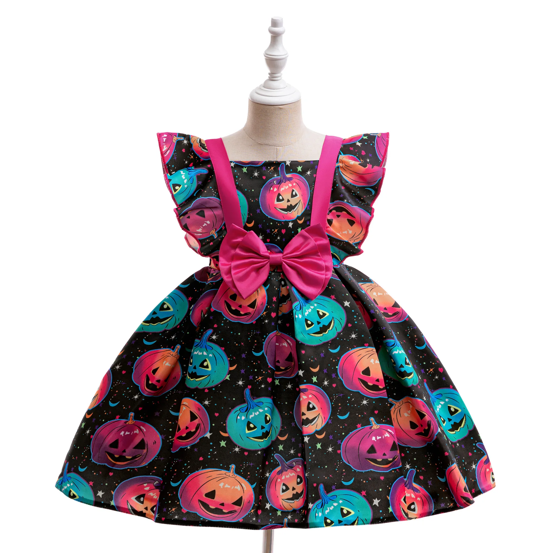 New Girls Halloween Dress Witchy Witch Pumpkin Spooky Skull Print Party Gift Little Princess Dress 4 5 6 7 8 Years Kids Clothes