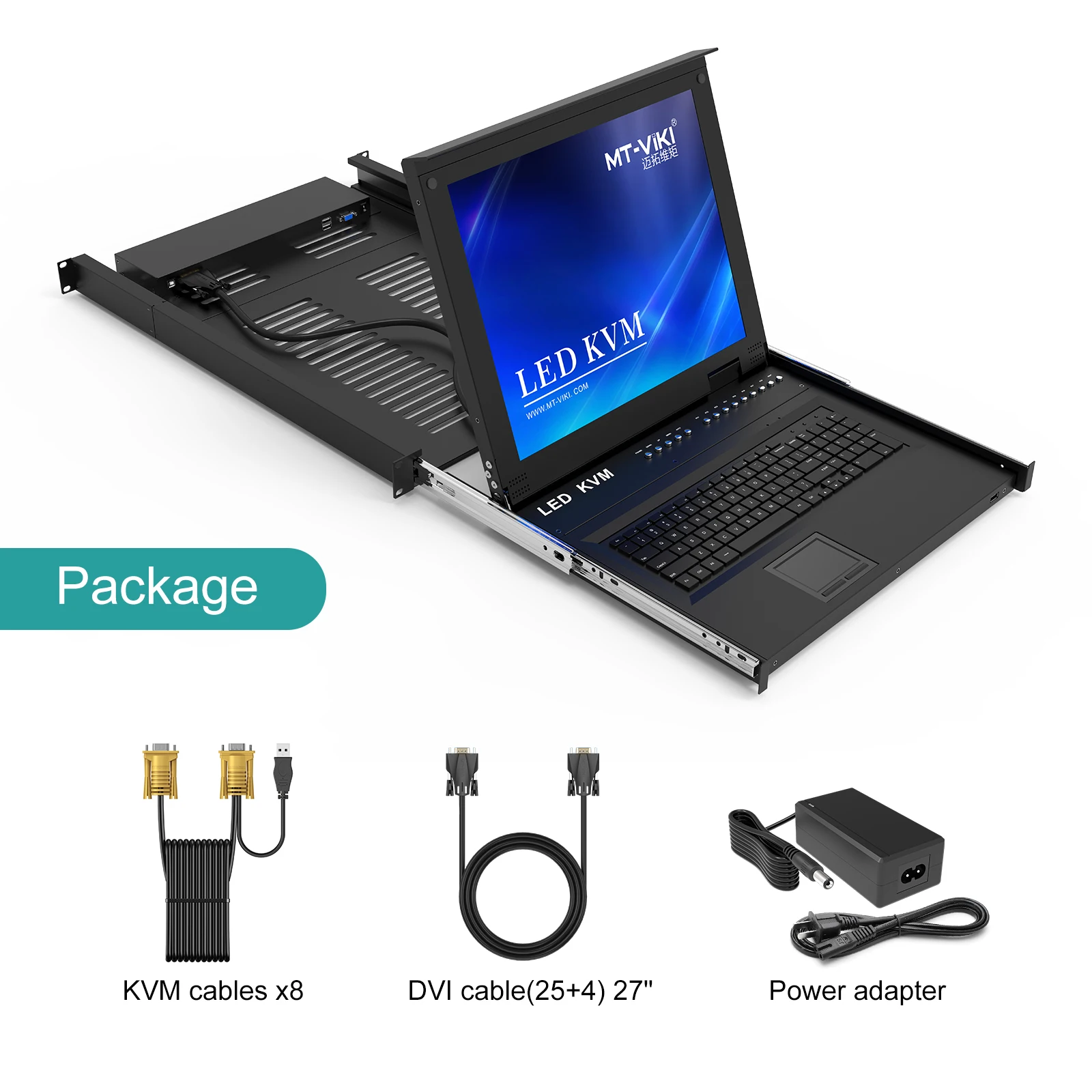 17-Inch LCD KVM Console 8-Port, USB VGA Switch Drawer with 8 2in1 Cables for 1U Server Rack