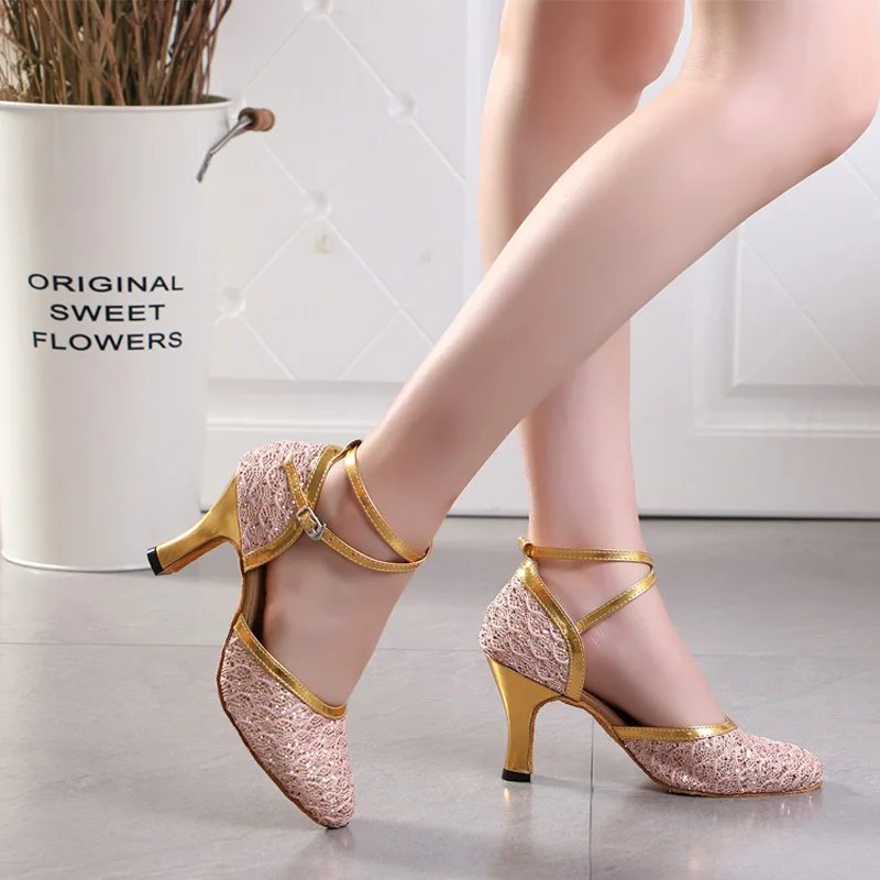 Latin Dance Shoes Women Salsa Tango Ballroom Party Dancing Shoes Pink Lace Wedding Shoes Girls High Heels Closed Toe