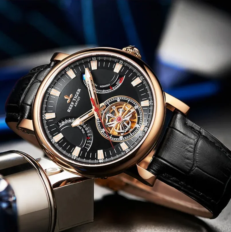 Reef Tiger Men Automatic Watch 44MM Mechanical Wristwatch 5ATM Waterproof Skeleton  Timepiece Sapphire Power Reserve Display