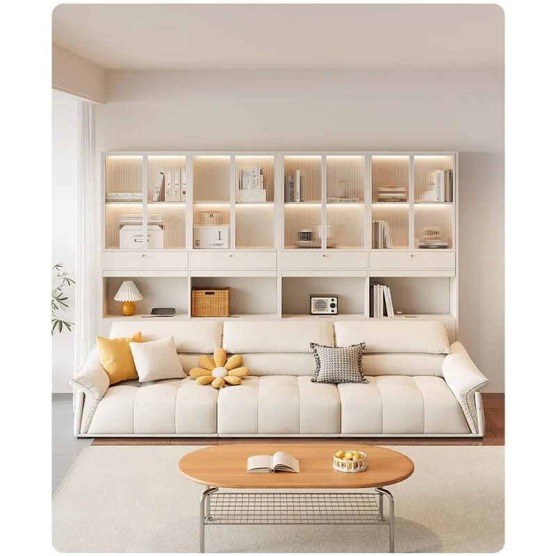 

Cream wind sofa cabinet Simple solid wood combined cabinet Bookcase with glass door against the wall Storage cabinet
