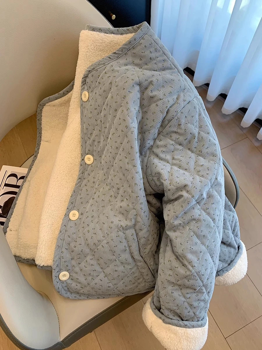 

Blue Floral Lamb Fur Cotton Jaet Women's Autumn Winter Faionable Versatile Korean Sle Cotton Coat Anti-aging